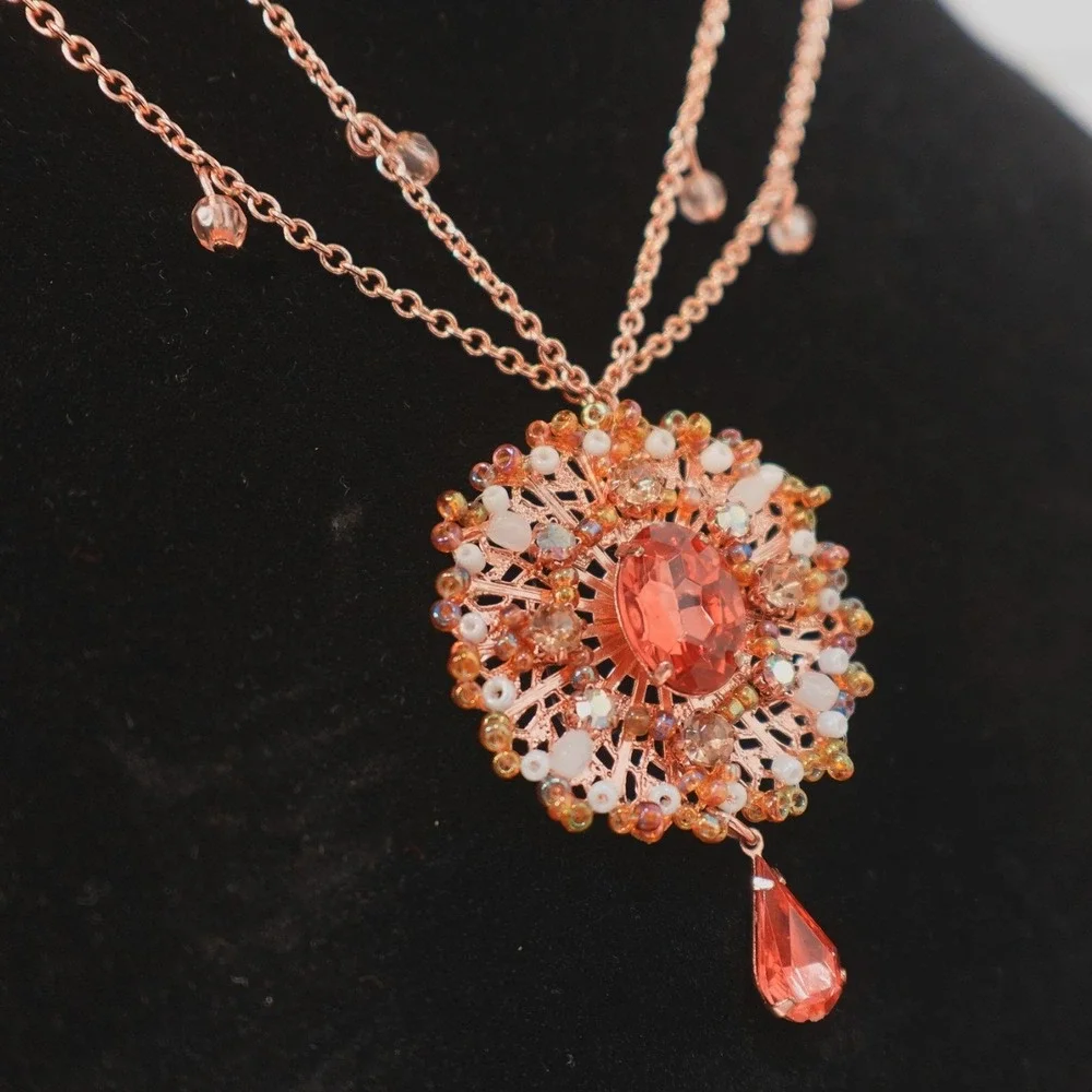 Avon Peach Paradise Rose Gold Tone Layered Medallion Necklace Double Strand